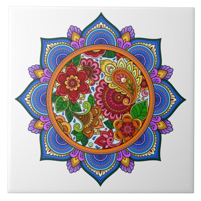 Azulejo De Cerâmica Bonito Mandala Floral Pintado (Frente)