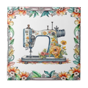 Azulejo De Cerâmica Bonito Máquina Floral de Vintagem e Flores