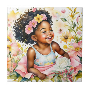 Azulejo De Cerâmica Bonito Menina em Flores Rosa, Aquarela Arte