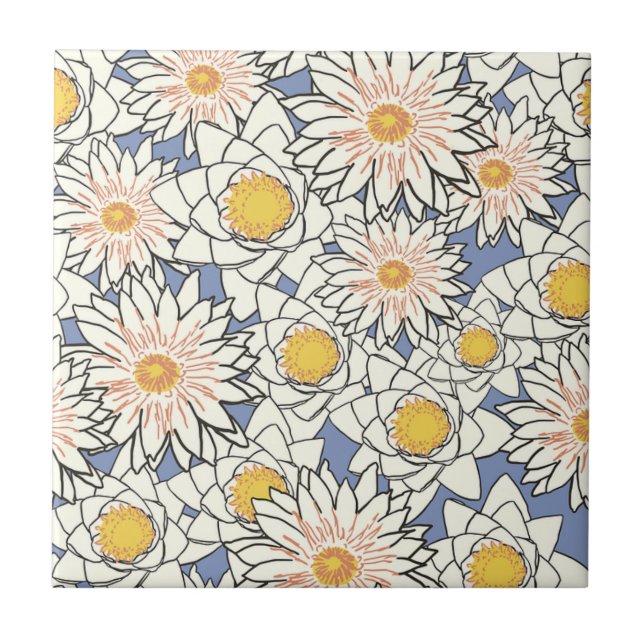 Azulejo De Cerâmica Bonito padrão das flores brancas e amarelas l Azul (Frente)