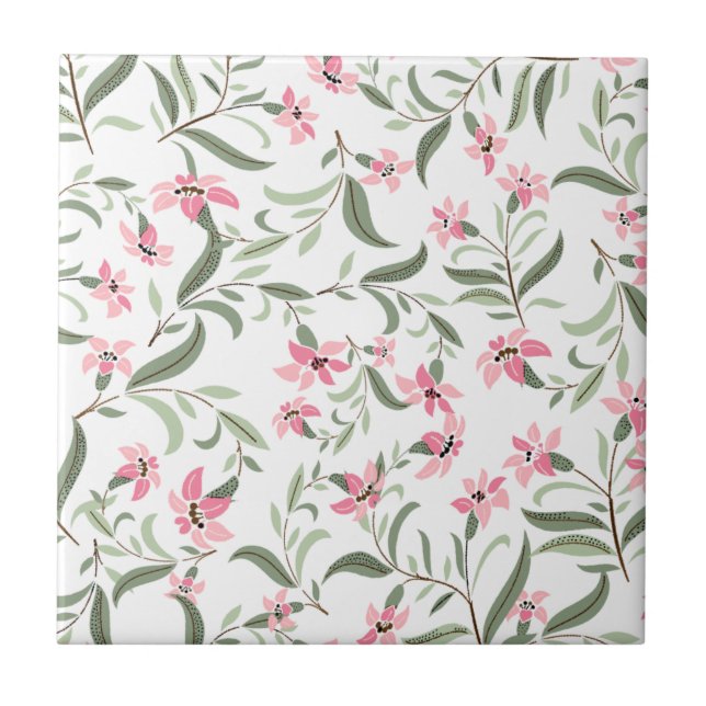 Azulejo De Cerâmica Bonito Padrão Floral Rosa Elegante Branco (Frente)