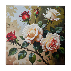 Azulejo De Cerâmica Bonito pintura de branco rosa e rosa vermelha