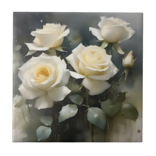 Azulejo De Cerâmica Bonito pintura em aquarela do jardim de rosas bran