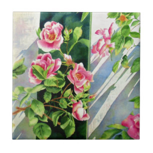 Azulejo De Cerâmica Bonito rosa, rosas vermelhas, flor aquarela