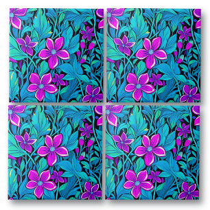 Azulejo De Cerâmica Bonito Roxo e Azul Teal Floral