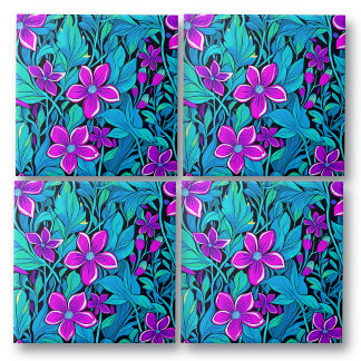 Azulejo De Cerâmica Bonito Roxo e Azul Teal Floral