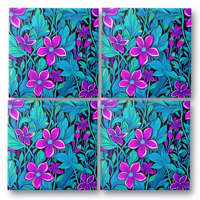 Azulejo De Cerâmica Bonito Roxo e Azul Teal Floral (Criador carregado)