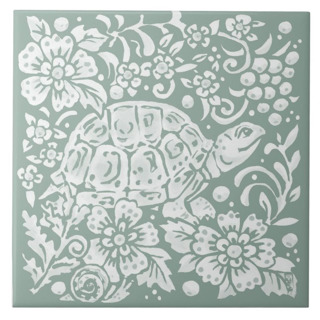 Azulejo De Cerâmica Bonito Sage Green Turtle Forest Snail (Frente)