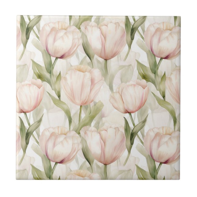 Azulejo De Cerâmica Bonito Tulipas de Creme Rosa Tintos Florais (Frente)