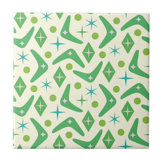 Azulejo De Cerâmica Boomerangs Verdes de Meados do Século com Explosõe (Frente)