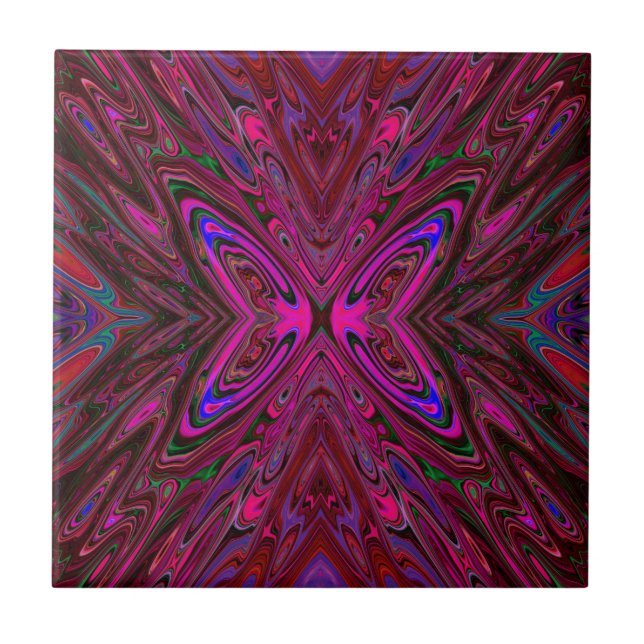 Azulejo De Cerâmica Borboleta-Abstrato azul e rosa-quente trippy (Frente)