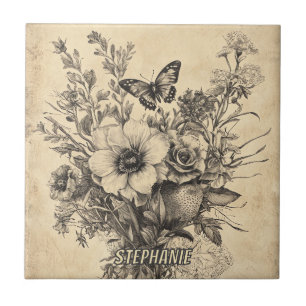 Azulejo De Cerâmica Borboleta Antiga do Herbário Botânico em Sepia