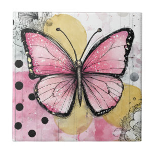 Azulejo De Cerâmica Borboleta Aquarela Rosa Arte Boho Natureza