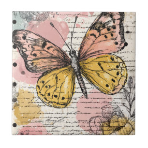 Azulejo De Cerâmica Borboleta Aquarela Rosa Dourado Arte Boho Natureza