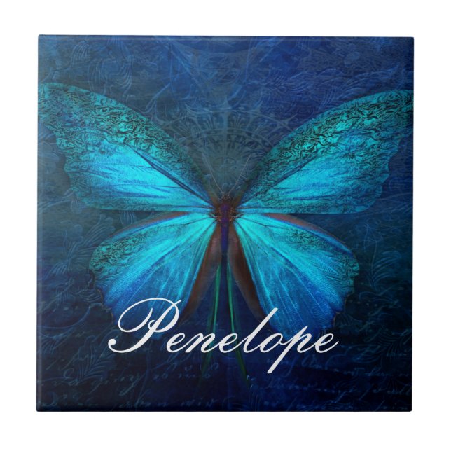 Azulejo De Cerâmica Borboleta Azul de Alegria e Sorte (Frente)