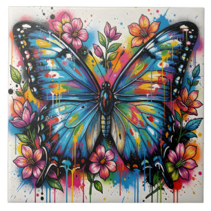 Azulejo De Cerâmica Borboleta Azul Morpho Arte de Rua Grafite Grunge