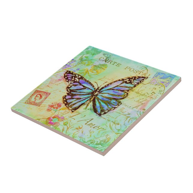 Azulejo De Cerâmica Borboleta azul-verde e roxa  (Lateral)
