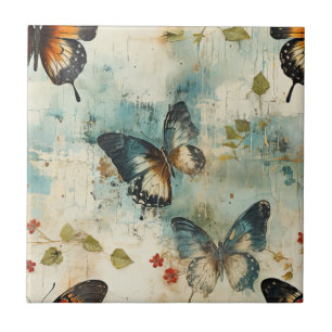 Azulejo De Cerâmica Borboleta Botânica em Verde Azul e Laranja Vintage