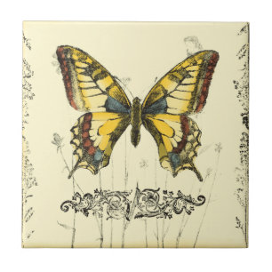 Azulejo De Cerâmica Borboleta Decorativa com Flores Selvagens