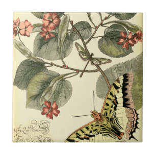 Azulejo De Cerâmica Borboleta e Dragonfly com Flores Vermelhas