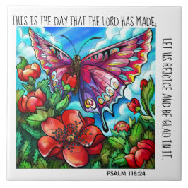 Azulejo De Cerâmica Borboleta e flores pintadas com Salmo Verso 118:24