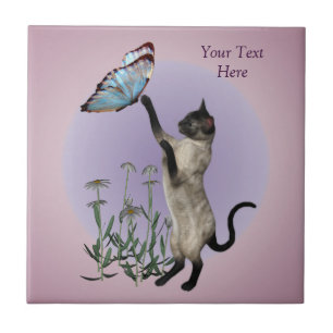 Azulejo De Cerâmica Borboleta e margaridas do gato Siamese