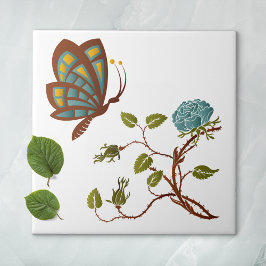 Azulejo De Cerâmica Borboleta e Rosa azul