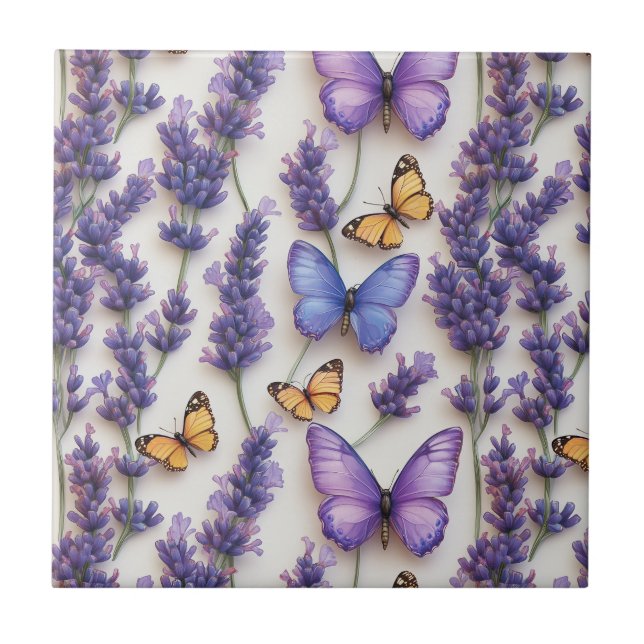 Azulejo De Cerâmica Borboleta Elegante e Design de Lavanda (Frente)