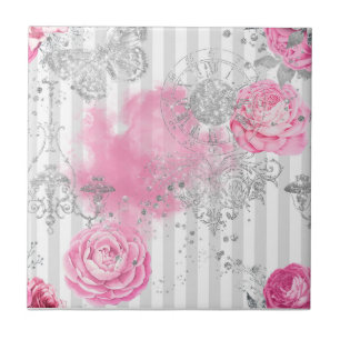 Azulejo De Cerâmica Borboleta Elegante Vintage Rosa com Brilho Prata