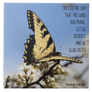 Azulejo De Cerâmica Borboleta em flor branca, Verso Salmo 118:2