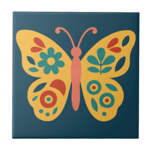 Azulejo De Cerâmica Borboleta estilizada inspirada na natureza com flo