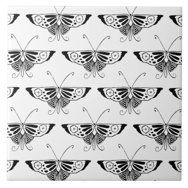 Azulejo De Cerâmica Borboleta estilizado de Deco - branco e preto (Frente)