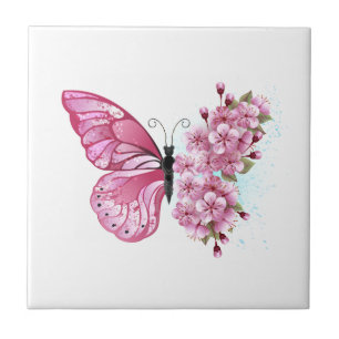Azulejo De Cerâmica Borboleta Flor com Sakura Rosa