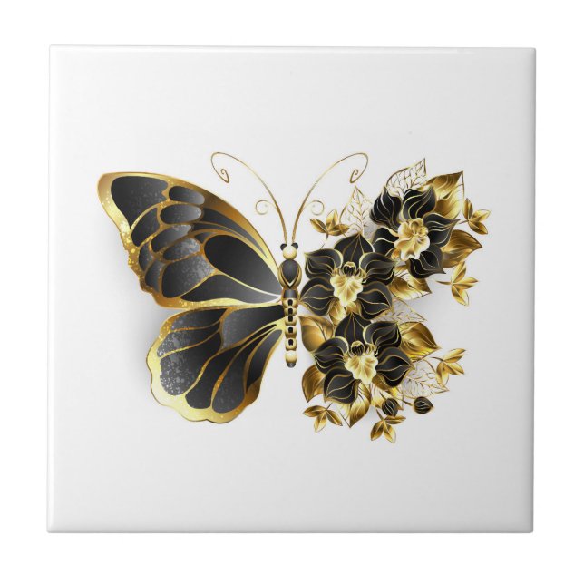 Azulejo De Cerâmica Borboleta Flor Dourada com Orquídea Preta (Frente)