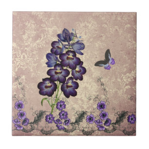 Azulejo De Cerâmica Borboleta Floral Roxa Vintage