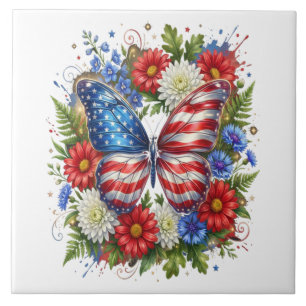 Azulejo De Cerâmica Borboleta Floral Vermelho Branco Azul da Bandeira 