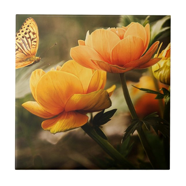 Azulejo De Cerâmica Borboleta Laranja e Flores (Frente)