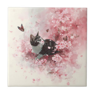Azulejo De Cerâmica Borboleta Laranja & Pétalas de Sakura Rosa com Gat