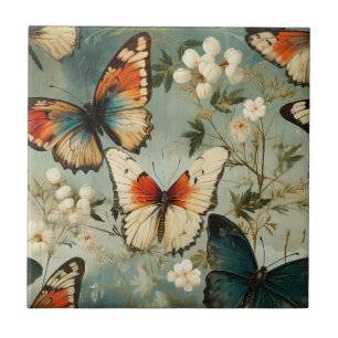 Azulejo De Cerâmica Borboleta Laranja Teal Antiga Flor Branca