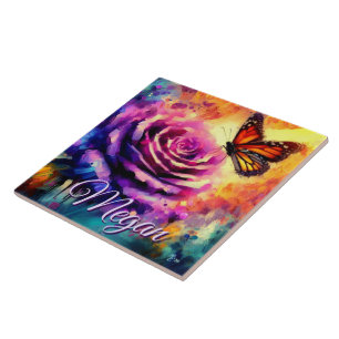 Azulejo De Cerâmica Borboleta Monarca em Rosa ao Pôr do Sol Personaliz