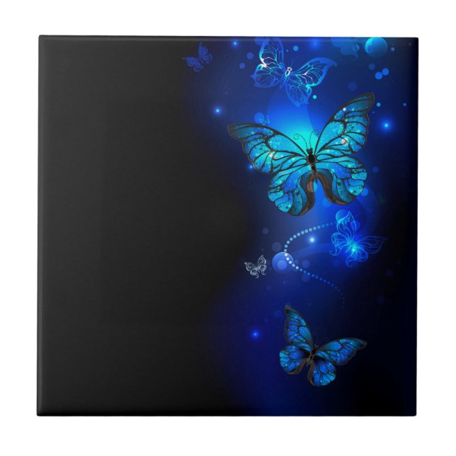 Azulejo De Cerâmica Borboleta Morpho em Fundo Escuro (Frente)