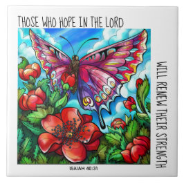 Azulejo De Cerâmica Borboleta Pintada em Flores; versículo Isaiah 40:3