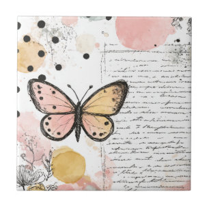 Azulejo De Cerâmica Borboleta Rosa Dourado em Aquarela Arte Boho Natur