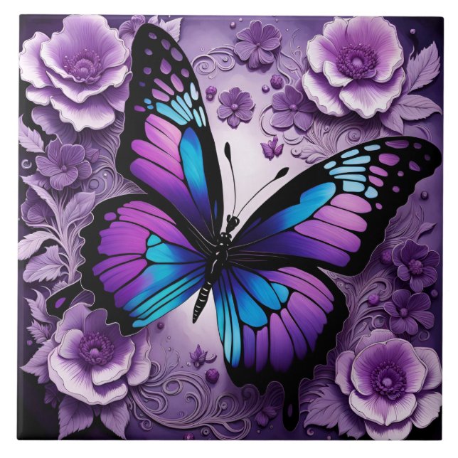 Azulejo De Cerâmica Borboleta Roxa Floral (Frente)