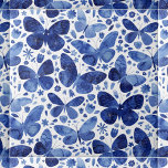 Azulejo De Cerâmica Borboletas Aquarela Azul<br><div class="desc">Pintura de borboletas de cor azul-indigo e branca. Este azulejo é um padrão repetitivo,  então parecerá excelente em múltiplos.</div>