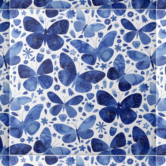 Azulejo De Cerâmica Borboletas Aquarela Azul (Indigo blue and white watercolor butterfly pattern art ceramic tile)