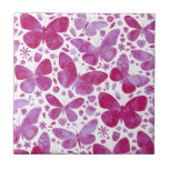 Azulejo De Cerâmica Borboletas Aquarela Magenta Rosa<br><div class="desc">Pintura de borboletas cor-de-água magenta e branca.</div>