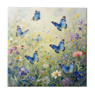 Azulejo De Cerâmica Borboletas Azuis Aquarela Prado de Flores Silvestr