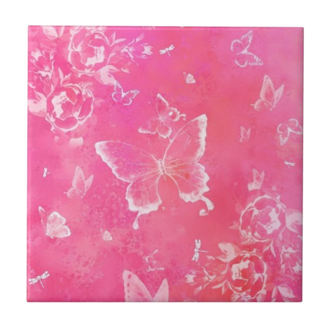 Azulejo De Cerâmica Borboletas e flores - Arte rosa (Frente)