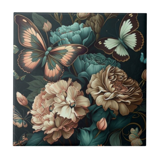 Azulejo De Cerâmica Borboletas e flores design clássicas escuras (Frente)